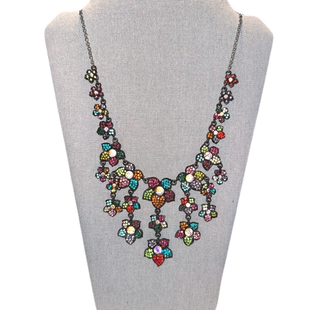 Statement Necklace gunmetal-tone chain adorned with colorful, rhinestone flowers